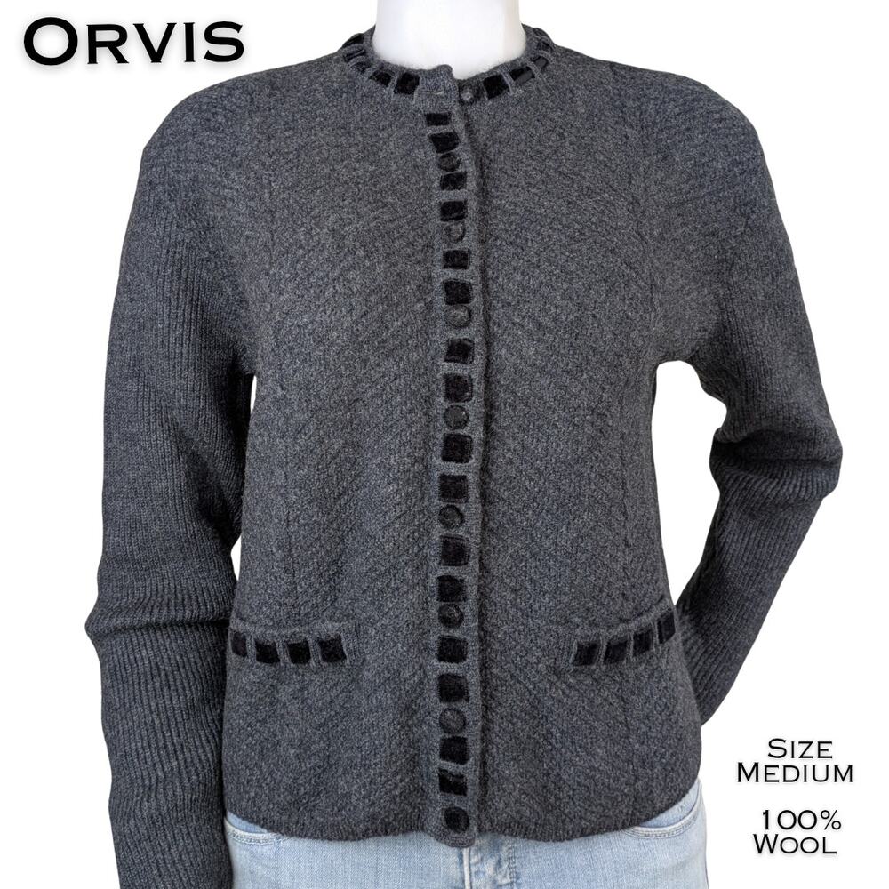 Orvis Womens Wool Cardigan Sweater Medium Gray Velvet Trim
